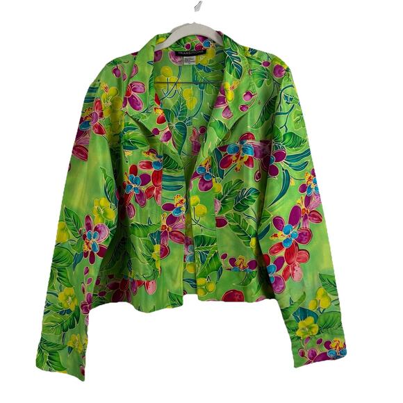 Transitions Vintage Green Tropical Floral 100% Silk Jacket XL Open Front Retro - Picture 1 of 12
